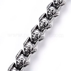 レトロ 304 ステンレススチールブレスレット  カニカン付き  スカル  アンティークシルバー  8-5/8インチ（22cm）  12x9.5mm&nbsp;BJEW-L631-11AS