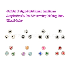 480個8スタイルフラットラウンド蓄光アクリルビーズ  DIYジュエリー作成キット用  ミックスカラー  7x3.5~4mm  穴：1.2~1.8mm  60個/スタイル&nbsp;DIY-YW0003-01