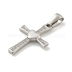 304ステンレススチールキュービックジルコニアペンダント  クロスチャーム  ステンレス鋼色  23.5x16x2.5mm  穴：6x3.5mm&nbsp;STAS-C102-05P
