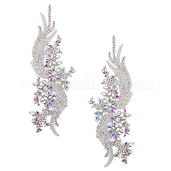 ガラスのラインストーンの花のアップリケ  ポリエステル刺繍レース飾りアクセサリー  クリスタルAB  370x140x9mm&nbsp;PATC-WH0005-50