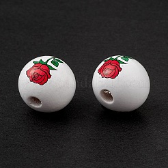 印刷された天然木のヨーロッパのビーズ  大穴ビーズ  花模様の丸  レッド  19mm  穴：4mm&nbsp;LS-WOOD-C015-03A