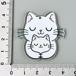 印刷されたアクリルパーツ  猫の形のチャーム  ホワイト  39.5x38x2.5mm  穴：2mm&nbsp;SACR-F005-01D-01