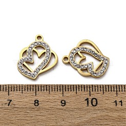 304ステンレススチール粘土ラインストーンペンダント  ハート  イオンプレーティング（ip）  ゴールドカラー  16.5x15.5x2.5mm  穴：1.6mm&nbsp;STAS-P406-17D-G