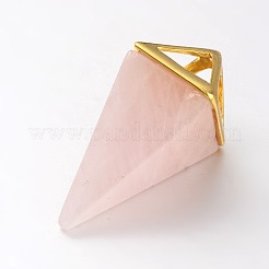 天然ローズクォーツポイントペンデュラムペンダント  ゴールデンメッキ真鍮パーツ  30~34x15x15mm  穴：5x6mm&nbsp;X-G-E301-06G