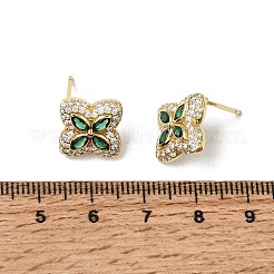 真鍮製マイクロパヴェキュービックジルコニアスタッドピアス  パヴェクラスターイヤリング  花  鉛フリー＆カドミウムフリー  ラックめっき  長持ちメッキ  18KGP本金メッキ  シーグリーン  15.5x15.5mm&nbsp;KK-CBA8324-25G-03