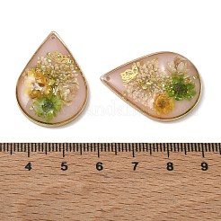 真鍮メッキ、透明エポキシ樹脂、ドライフラワーのペンダント  花と蝶の模様が入ったティアドロップ型のチャーム  グリッターパウダー付き  桃パフ  30x21x6mm  穴：1.1mm&nbsp;RE-CBAA153-01A
