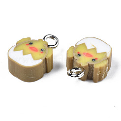 手作りポリマークレイペンダント  プラチナトーンのアイアンループ付き  ひよこ  ダークカーキ  12.5~13.5x9~10x4.5mm  穴：2mm&nbsp;CLAY-S096-023
