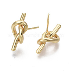 真鍮製スタンドピアス  ニッケルフリー  結び目  18KGP本金メッキ  17x7.5mm  ピン：0.7mm&nbsp;X-KK-R132-061-NF