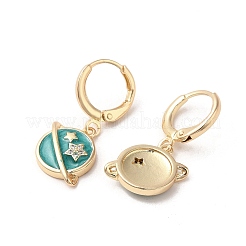プラネット リアル 18K ゴールド メッキ ブラス ダングル レバーバック イヤリング  エナメル質とキュービックジルコニア付き  ダークターコイズ  26.5x15mm&nbsp;EJEW-L268-034G-01