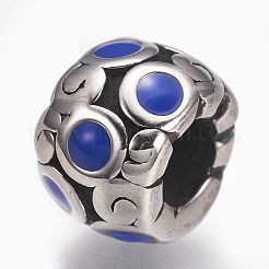 304ステンレススチールヨーロピアンビーズ  エナメル  大穴ビーズ  ロンデル  ブルー  アンティークシルバー  11x8mm  穴：5mm&nbsp;STAS-O101-03AS-02
