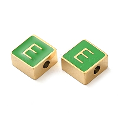 304ステンレススチールエナメルビーズ  14KGP本金メッキ  文字のある正方形  文字e  8x8x4mm  穴：2mm&nbsp;STAS-L022-293G-E