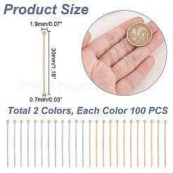 200個 2スタイル 304ステンレススチールボールヘッドピン  ゴールデン·ステンレス鋼色  30~30.5mm  ピン：0.7~0.8mm  ヘッド：1.9~2mm  100個/スタイル&nbsp;STAS-AR0002-26