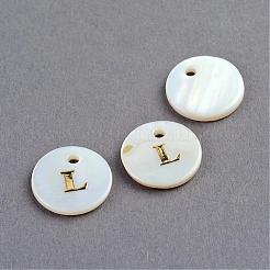 淡水シェルペンダント  フラットラウンドゴールドブロッキング文字.l  11.5x2mm  穴：1.5mm&nbsp;SSHEL-S249-L