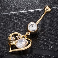 真鍮製キュービックジルコニアへそピアス  ベリーリング  304ステンレススチールバー付き  カドミウムフリー＆鉛フリー  18KGP本金メッキ  ハート  透明  42x18mm  バー: 15 ゲージ (1.5mm)  バーの長さ: 3/8