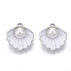 合金ペンダント  ABSプラスチックイミテーションパールとエナメル  パールシェル  プラチナ  ホワイト  16x15x7mm  穴：1.5mm&nbsp;ENAM-S119-034A-05P