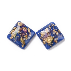 クリア樹脂カボション  花と金/銀箔付き  正方形  スチールブルー  16x16x6mm&nbsp;CRES-P019-05C