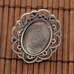 DIYのための13x18 mmの楕円形の透明なガラスカボションと鉄の花指リングコンポーネント合金カボションベゼルのセッティング  アンティークシルバー  17mm内径  トレイ：13x18mm&nbsp;DIY-X0197-AS