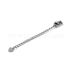 304ステンレススチールチェーンエクステンダー  ハート  留め具とチャーム付き  ステンレス鋼色  72mm  穴：2.5mm&nbsp;X-STAS-N088-47P