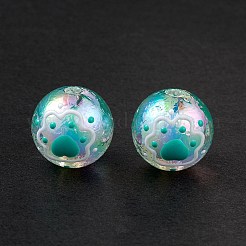 UVメッキレインボー虹色アクリルエナメルビーズ  手描きのビーズ  丸い猫の足跡付き  ダークターコイズ  15~16mm  穴：2.3mm&nbsp;OACR-I003-12A