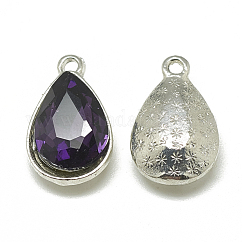合金ガラスチャーム  多面カット  ティアドロップ  プラチナ  パープル  14.5x9x5mm  穴：1.5mm