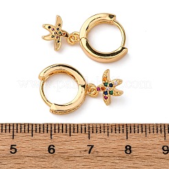 ヒトデ型真鍮マイクロパヴェキュービックジルコニアフープピアス  ニッケルフリー  18KGP本金メッキ  カラフル  23.5x9.5x14mm&nbsp;EJEW-F384-14G-02