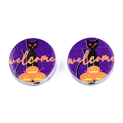 ハロウィンプリント天然木ビーズ  黒猫とカボチャと言葉を歓迎するフラットラウンド  ダークスレートブルー  19~20x5.9mm  穴：2~2.2mm&nbsp;WOOD-T021-62