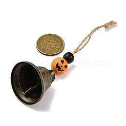 ハロウィーンの鉄のベルの吊り下げ飾り  家のドアの壁の装飾用の木製の丸いビーズとジュートコード  オレンジ  132mm&nbsp;HJEW-JM02437
