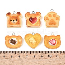 不透明樹脂模造食品ペンダント  クマのトーストチャーム  プラチナトーンの鉄ループ付き  ミックスカラー  22.5~26.5x21.5~23x7~11.5mm  穴：2x2.5mm&nbsp;RE-CBA0E2-05