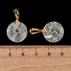 天然石クオーツクリスタルペンダント  真鍮製のマイクロパヴェキュービックジルコニア金具を使用した、ロッククリスタル製のフラットラウンド型コインチャーム  ゴールドカラー  20x16x6mm  穴：7x4mm&nbsp;G-P628-03G-10