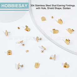 304ステンレススチールスタッドピアス金具20組  穴付き  シールド形状  ゴールドカラー  12.5x10mm  穴：1.4mm  ピン：0.7mm&nbsp;STAS-UN0047-68