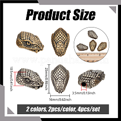 4個2色真鍮ビーズ  ヘビ  アンティークシルバー＆アンティーク金色  25x16x10.5mm  穴：3.5mm  2個/カラー&nbsp;KK-NB0004-33