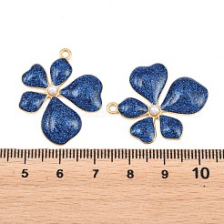 304ステンレススチール、エナメル、グリッターパウダー、ABS樹脂パールペンダント  花のチャーム  イオンプレーティング（ip）  18KGP本金メッキ  ダークブルー  30x25x3.5mm  穴：2mm&nbsp;STAS-G398-23G-01