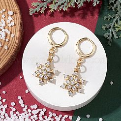 クリスマス スノーフレーク 真鍮 マイクロパヴェ クリア キュービックジルコニア フープ イヤリング  ハギーフープピアスのパーツ  18KGP本金メッキ  35x13mm&nbsp;EJEW-JE06158-01