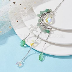 ムーン＆スター合金吊り下げ飾り  天然グリーンアベンチュリンチップとガラスタッセルサンキャッチャー  245~247mm&nbsp;HJEW-TA00096-02