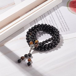 マラビーズブレスレット  ナチュラル タイガーアイ & ウッド 29-7/8 ループ ラップ ブレスレット ネックレス 女性用 合金 ひょうたん付き  ブラック  76インチ（{2}cm）&nbsp;BJEW-JB08211