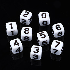 不透明なアクリルビーズ  番号の立方体0~9  ホワイト  6x6x6mm  穴：3mm  約2995個/500g&nbsp;SACR-S273-42