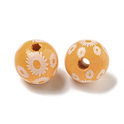 プリントウッドヨーロピアンビーズ  デイジー模様の丸い  ゴールデンロッド  15.5~16mm  穴：4~4.5mm&nbsp;WOOD-G022-19D