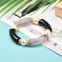 女性のための分厚いアクリルカーブチューブビーズストレッチブレスレット  プラスチックパールビーズ＆真鍮ビーズブレスレット  ゴールドカラー  ブラック  内径：2インチ（5.1cm）&nbsp;BJEW-JB06993-02