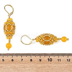天然マレーシア産翡翠のリーブバックピアス（女性用）  オーバル  ガラスの種付き  女性用304ステンレススチールフレンチフックピアス  18KGP本金メッキ  54x13.5mm&nbsp;EJEW-MZ00785-02