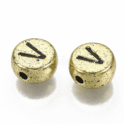 メッキアクリルビーズ  水平穴  アルファベット付きフラットラウンド  黄金メッキ  ブラック  文字.v  7x4mm  穴：1.2mm  約3600個/500g&nbsp;LS-PACR-CD0001-V