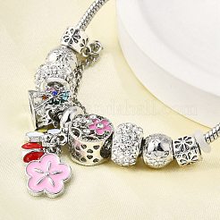 合金エナメルヨーロピアンビーズチャームブレスレット  女性用スネークチェーンブレスレット  花と蜂と空の輪  ポリマークレイラインストーンとシリコンビーズ付き  鉛フリー＆カドミウムフリー  アンティークシルバー＆プラチナ  7-3/8インチ（18.8cm）&nbsp;BJEW-F495-16P