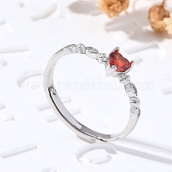 ロジウムメッキ 925 スターリングシルバー キュービックジルコニア 調節可能リング  ハート  レッド  ハート：4.5x4.5mm  usサイズ6（16.5mm）&nbsp;RJEW-D300-05P-02