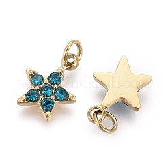 316サージカルステンレススチールチャーム  ラインストーンと丸カン付き  スター  ゴールドカラー  アクアマリン  8x6x1.3mm  穴：1.8mm&nbsp;STAS-F256-024B-G