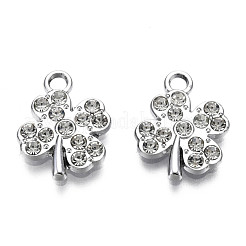 合金ペンダント  クリスタルラインストーン付き  カドミウムフリー＆鉛フリー  クローバー  プラチナ  15x12x2.5mm  穴：1.8mm&nbsp;PALLOY-T073-07P-RS