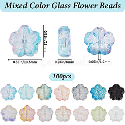 透明な通常のガラスビーズ100個。  花  ミックスカラー  13x13.5x6mm  穴：1.2mm&nbsp;GLAA-SP0001-16