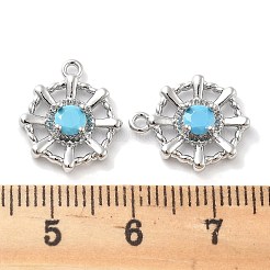 真鍮製ガラスチャーム  多面カット  ディープスカイブルー  花  プラチナメッキ  15x13x3mm  穴：1.2mm&nbsp;KK-M102-33P-02