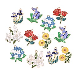 12個6スタイルアロイエナメルペンダント  花の形のチャーム  ゴールドカラー  ミックスカラー  30x21~28x1.5mm  穴：2mm  2個/スタイル&nbsp;ENAM-L054-02G