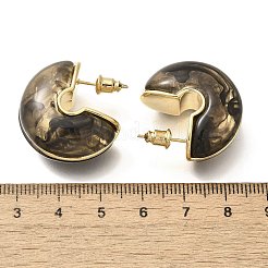 真鍮のC字型スタッドピアス  樹脂と  ブラック  25x13mm&nbsp;LS-EJEW-A121-10G-03