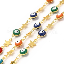 カラフルなナザールボンジュウと真鍮のスターリンクチェーン  ハンダ付け  スプールで  18KGP本金メッキ  12x6.5x4mm  8.5x7x0.5mm&nbsp;CHC-A006-05G