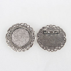 チベットスタイル合金のブローチのカボションのセッティング  カドミウムフリー＆鉛フリー  鉄のピンブローチバックバーパーツ  フラットラウンド  アンティークシルバー  トレイ：25mm  39x2mm  ピン：0.6mm&nbsp;X-PALLOY-N0085-70AS